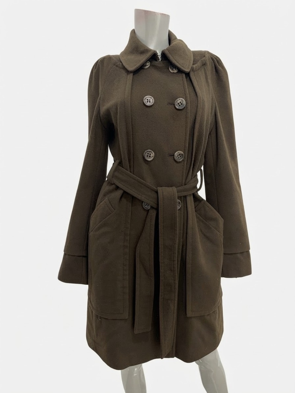 Vintage BCBGMAXAZRIA Y2K Wool Coat M Olive Green Belted Puff Shoulder Ukraine